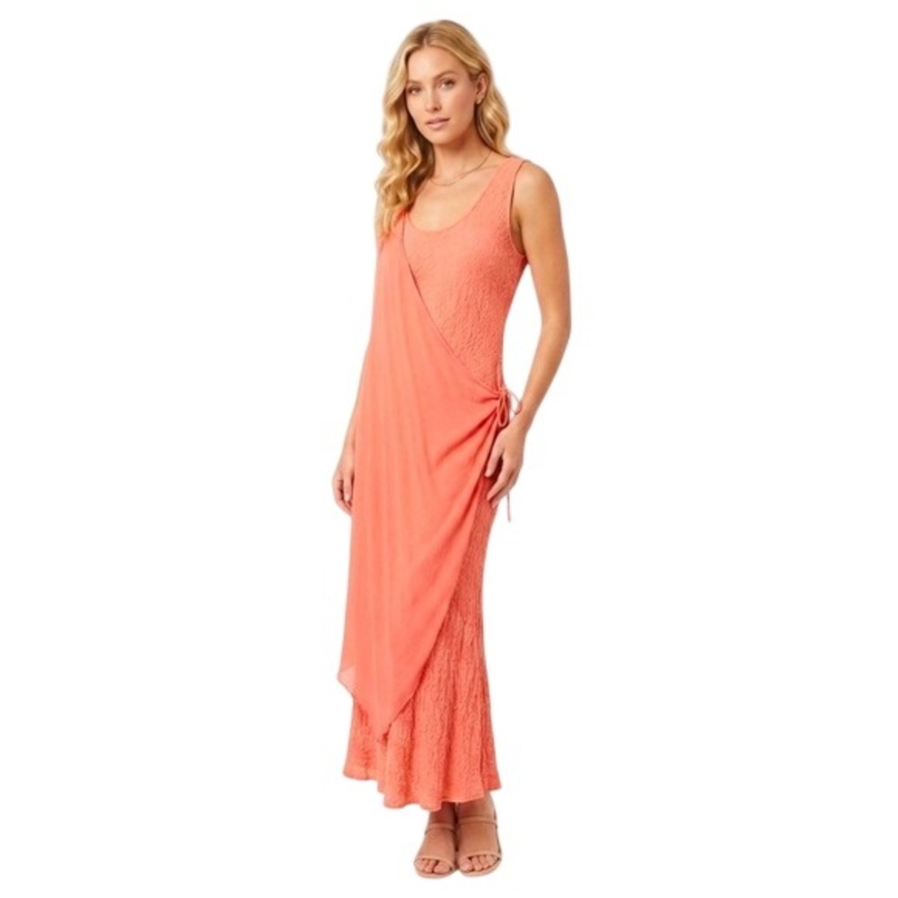 URU Coral‎ Pink Textured Floral Jacquard Draped Overlay Maxi Dress Sleeveless